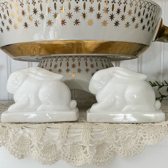 Vintage Heisey Glass Rabbit Bookends White Opal Milk Glass MCM Weighted Pair - Picture 5 of 16